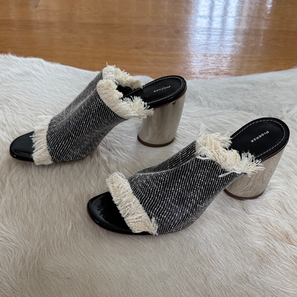 Proenza Schouler Black and Cream Fringe Mules